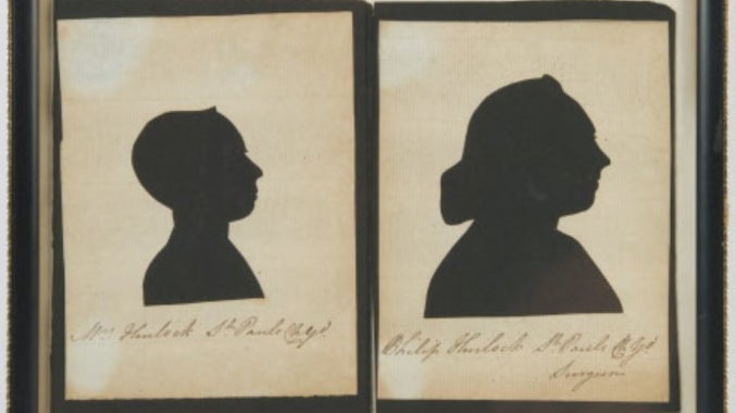 Pair of hollow cut silhouettes of Margaret and Philip Hurlock, A la Ronde, Devon.